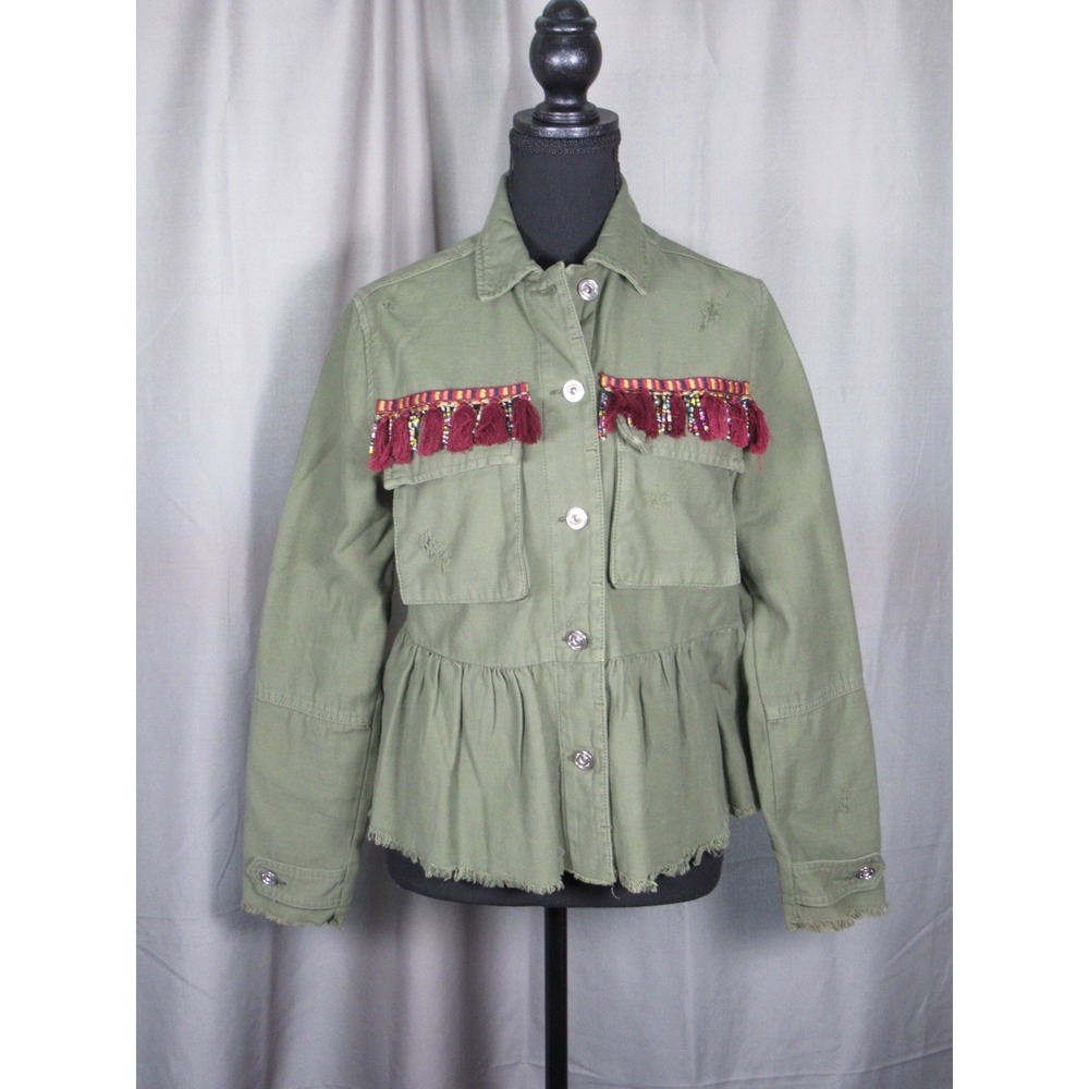 Bershka Olive Green Utility Jacket Tassel Embellished Peplum Distressed S